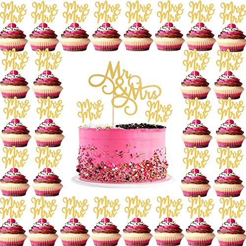 Gold Mr and Mrs Cake Topper - 1pcs Larger Size Gold Mr&Mrs Cake Topper and 30 Pcs Single-side Gold Glitter Mr Mrs Cupcake Decoration Set For Wedding/Bridal Shower/Engagement Party von AmarYYa