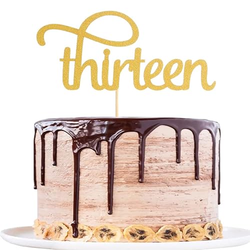 Gold Thirteen Birthday Cake Topper - einseitig Gold Glitter 13. Geburtstag Party Dekoration 13. Jahrestag Party Dekoration Supplies, Jungen/Mädchen 13 Jahre alt Geburtstag Kuchen Schild von AmarYYa