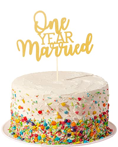 Kuchendekoration mit Aufschrift "One Year Married", zum ersten Jahrestag, goldfarben, glitzernd, Dekoration für die erste Hochzeit, Party-Dekoration von AmarYYa