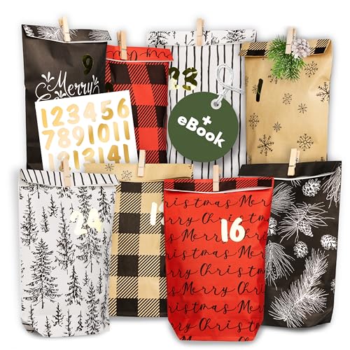 Amari ® Adventskalender zum Befüllen Nr. 21 Holidays - 24 Papier Adventstüten (mit Holzklammern) zum Basteln für Weihnachten - Papier Weihnachtstüten von Amari