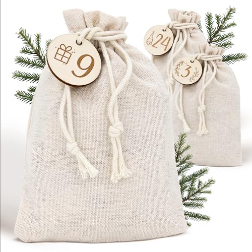 AMARI ® Adventskalender zum Befüllen Stoff - 24 Jutesäckchen (mit Holzzahlen) zum Basteln für Weihnachten - Stoffbeutel Adventskalender wiederverwendbar von Amari