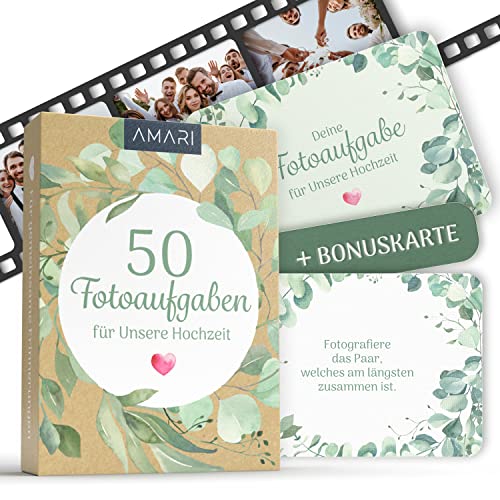 AMARI ® Fotospiel Hochzeit - 50 Fotoaufgaben für Hochzeitsgäste - Hochzeitsspiele für Gäste - Hochzeits Geschenk, Hochzeitsspiel, Fotobox, Gästebuch, Hochzeit Deko von Amari