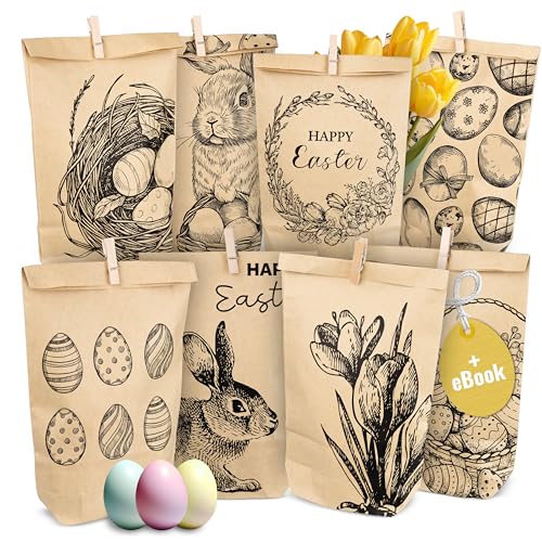 AMARI ® Ostertüten Set (12 Stück inklusive Klammern) - Geschenktüten für Ostern aus Papier - Ostern Papiertüten - Ostertüten zum Befüllen von Amari