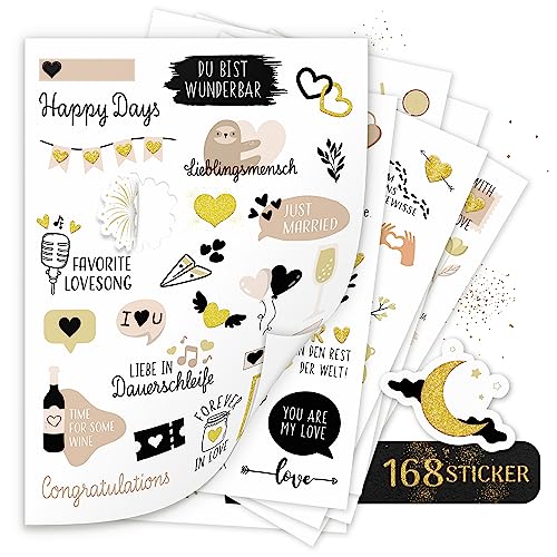 AMARI ® - Sticker Hochzeit [168 Motive] - Veredelte Aufkleber für Gästebuch Hochzeit - Deko Sticker Fotoalbum, Hochzeitssticker, Wedding, Fotoaufgaben, Aufkleber, Heiraten von Amari