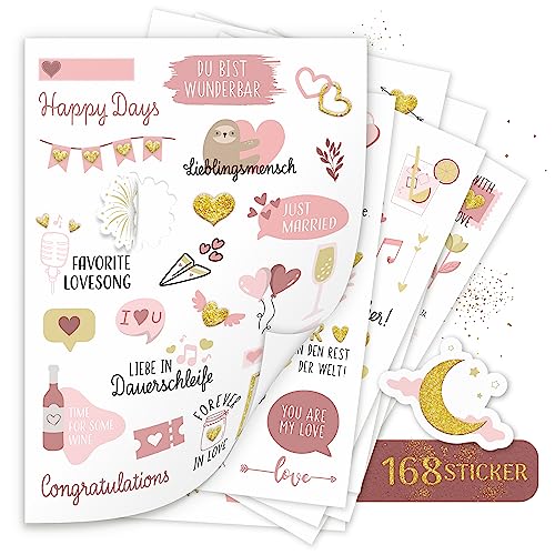 AMARI ® - Sticker Hochzeit [168 Motive] - Veredelte Aufkleber für Gästebuch Hochzeit - Deko Sticker Fotoalbum, Hochzeitssticker, Wedding, Fotoaufgaben, Aufkleber, Heiraten von Amari