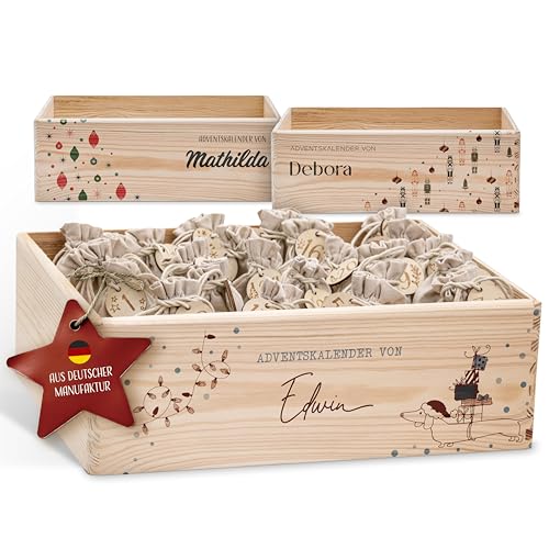 Amari ® Personalisierte Adventskiste 008 - Adventskalender 2025 aus Holz mit Namen - Weihnachtskalender für Kinder & Erwachsene von Amari