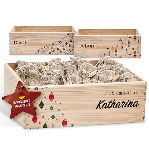 Amari ® Personalisierte Adventskiste 008 - Adventskalender 2025 aus Holz mit Namen - Weihnachtskalender für Kinder & Erwachsene von Amari