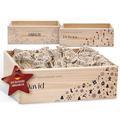 Amari ® Personalisierte Adventskiste 008 - Adventskalender 2025 aus Holz mit Namen - Weihnachtskalender für Kinder & Erwachsene von Amari