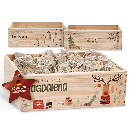 Amari ® Personalisierte Adventskiste 008 - Adventskalender 2025 aus Holz mit Namen - Weihnachtskalender für Kinder & Erwachsene von Amari