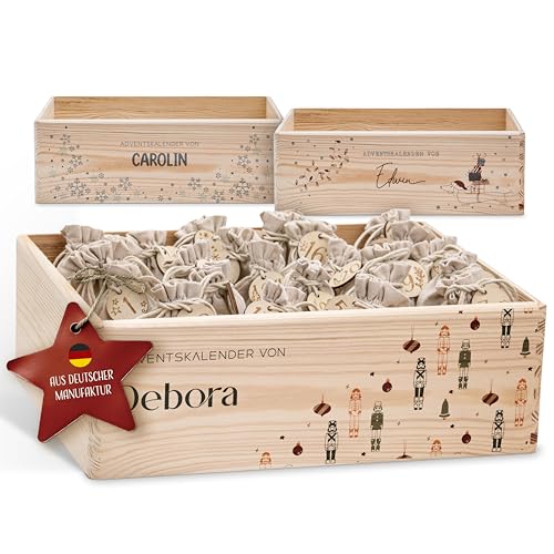 Amari ® Personalisierte Adventskiste 008 - Adventskalender 2025 aus Holz mit Namen - Weihnachtskalender für Kinder & Erwachsene von Amari