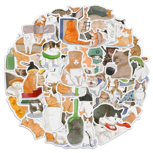 Amaxiu 53 Stück Niedliches Kawaii Katzen Aufkleber, lustige Katzen Cartoon Sticker, Selbstklebende Wasserfest Ästhetik dekorative Aufkleber für Scrapbooking, Planer, Tagebücher von Amaxiu