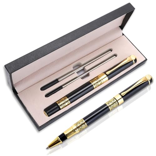 Amaxiu Luxus Kugelschreiber aus Metall, 1,0 mm Business Gel Stift mit Geschenkbox 2 Ersatzminen mit schwarzer Tinte Tintenroller mittlerer Spitze schicker Schreibstift für Männer Frauen(Schwarz) von Amaxiu