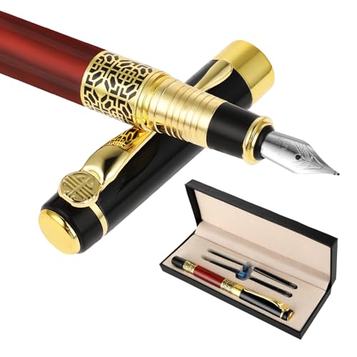 Amaxiu Vintage Luxus Füllfederhalter Set, 0.7 mm Mittlere Spitze Metall Füllfederhalter Mit 2 Schwarz und 2 Blau 2.6 mm Tintenpatronen Kalligraphie Stift für Business Unterschrift Geschenk(Rot) von Amaxiu
