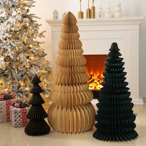 AmazingSpark 3-teiliges großes Wabenweihnachtsbaum – 1,2 m, 91 cm, 60 cm, Papier, faltbar, 3D-Heimdekorationsset mit magnetischem Design für Winterferien, festliches Partyzubehör (Beige, Grün, Braun) von AmazingSpark