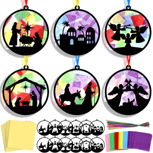 AmazingSpark 30-teiliges Weihnachts-Krippen-Sonnenfänger-Papier-Bastelset, Weihnachtsgeburt Jesus, DIY Buntglas-Effekt, Seidenpapier-Kits, Geschenk, Großpackung für religiöse Kirche, Klassenzimmer von AmazingSpark