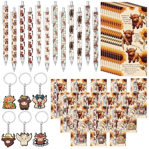 AmazingSpark 36 Set Highland Cow Print Stuff 6 Stile Highland Cow Kugelschreiber Schlüsselanhänger Positive Lesezeichen Karte Geschenk für Schüler Lehrer Kollegen Bürobedarf Babyparty Party Favor von AmazingSpark