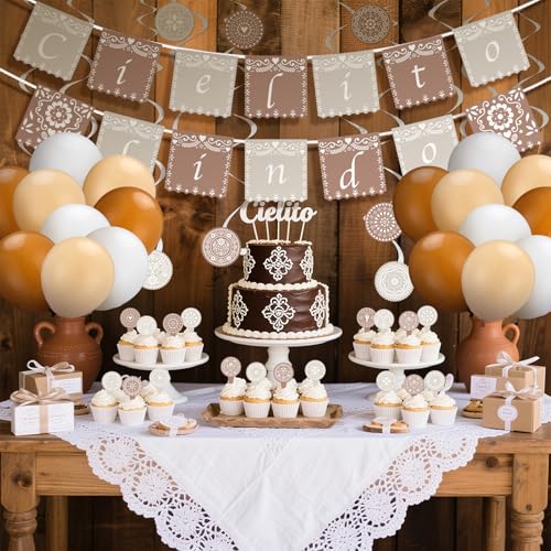 AmazingSpark 44 Stück mexikanische Cielito Lindo Party-Dekoration, 2 Cielito Lindo Papel Picado Banner, 12 Cupcake-Topper, 12 hängende Wirbel, 18 Latex-Ballons für mexikanische Hochzeit, Geburtstag von AmazingSpark