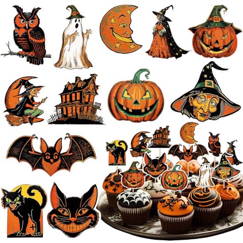 AmazingSpark 48 Stück Vintage Halloween Party Essen Picks Vintage Cupcake Topper Zahnstocher für Vorspeisen Retro Kürbis Katze Hexe Cocktail Picks für Kuchen Dessert Lebensmittel Obst Halloween Party von AmazingSpark