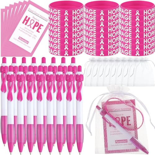 AmazingSpark 50-teiliges Set Brustkrebs-Bewusstseinsgeschenke inklusive Geschenkband für Krebs-Bewusstseinsband, Hoffnung, Mut, Armbänder, Glaube, inspirierende Karte, Organza-Beutel für Frauen von AmazingSpark