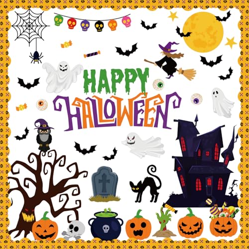AmazingSpark 71 Stück Halloween Pinnwand Dekorationen mit 300 Stück Klebepunkten Halloween Geister Kürbisse Fledermäuse Hexen Ausschnitte für Schule Klassenzimmer Wanddekoration von AmazingSpark