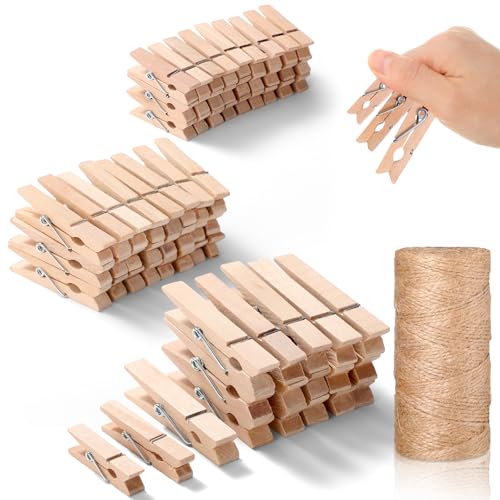 AmazingSpark Wäscheklammern aus Holz, 3 verschiedene Größen, mit 100 m weißem Juteseil, Foto-Clip für Zuhause, Hochzeiten, Kunsthandwerk, Dekoration, DIY-Dekoration, Bild (Burlywood), 120 Stück von AmazingSpark