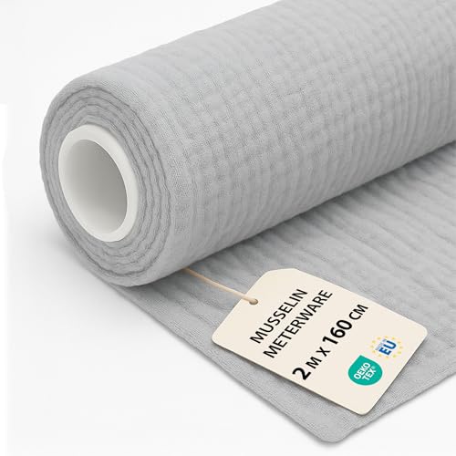 Musselin Stoff Meterware 2 M x 160 cm - Baumwollstoff Stoffe zum Nähen ideal für Bettwäsche Decke Kinder Tuch Tischläufer leichte Baumwolle Fabric Musselinstoff Grau von Amazinggirl