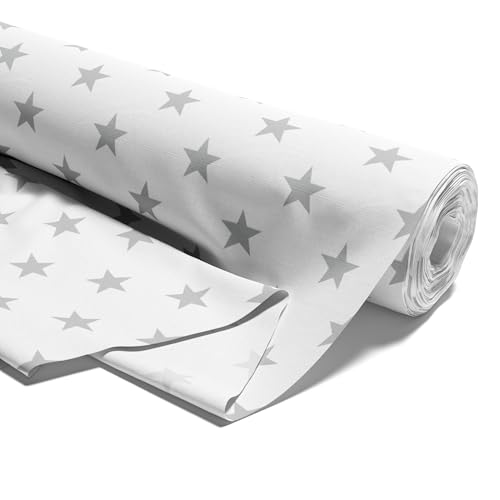 Stoff Meterware Baumwollstoff 2 M x 160 cm - Stoffe zum Nähen aus reine Baumwolle Fabric Futterstoff Dekostoff für Patchwork Canvas und Sewing Nähstoff Graue Sterne auf Weiß von Amazinggirl