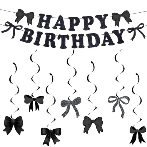 Amazleer 19-teiliges schwarzes Schleifen-Geburtstagsparty-Dekorationsset, Bogen-Wimpelkette, Girlande Banner und hängende Wirbel für Babyparty, Hochzeit (schwarz) von Amazleer