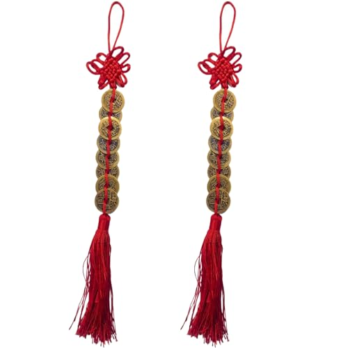 Amazleer 2pcs Kaiser Geld Reichtum Erfolg Glücksbringer Roter Knoten Die Glücksquasten Glücksmünzen Chinesischer Feng Shui Münzen Wut Dekors Auto Anhänger (2 Long) von Amazleer
