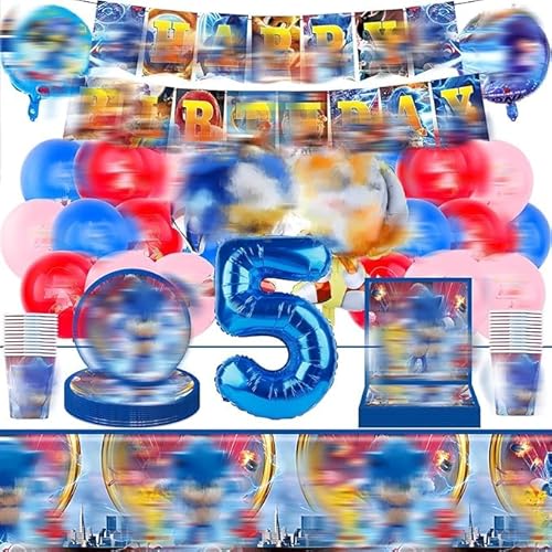 65 Stück Partygeschirr Geburtstagsdeko 5 Jahre,Geburtstagsdeko Luftballon Party Geburtstag Deko Birthday Banner Tableware Supplies Foil Balloons Tischdecken Teller Servietten Tassen Kuchen Deko Kinder von Amazluck