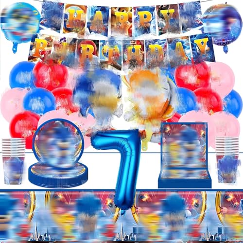 65 Stück Partygeschirr Geburtstagsdeko 7 Jahre,Geburtstagsdeko Luftballon Party Geburtstag Deko Birthday Banner Tableware Supplies Foil Balloons Tischdecken Teller Servietten Tassen Kuchen Deko Kinder von Amazluck