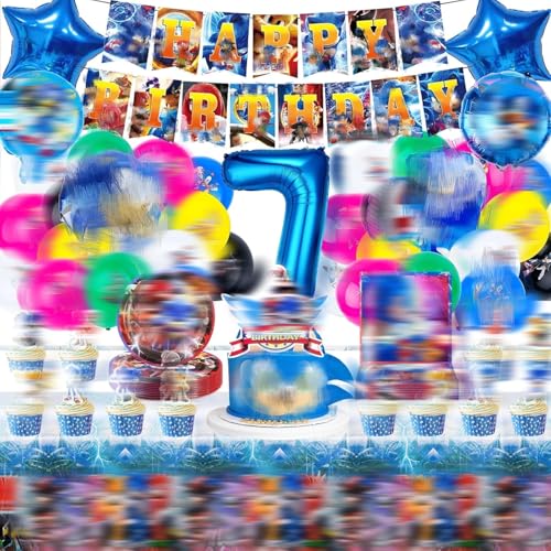 70 Stück Partygeschirr Geburtstagsdeko 7 Jahre,Geburtstagsdeko Luftballon Party Geburtstag Deko Birthday BannerTableware Supplies Foil Balloons Tischdecken Teller Servietten Tassen Kuchen Deko Kinder von Amazluck