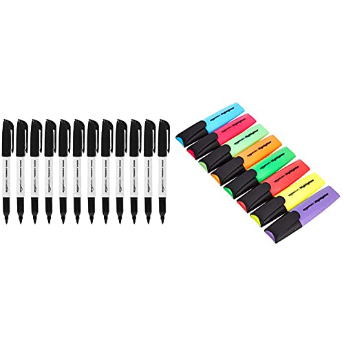 Amazon Basics - Permanentmarker, Schwarz, 12er-Pack & Textmarker in verschiedenen leuchtenden Farben, 8 Stück von Amazon Basics