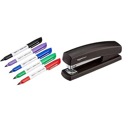 Amazon Basics - Permanentmarker, farblich sortiert, 12er-Pack & Heftgerät mit 1.000 Heftklammern, Schwarz von Amazon Basics