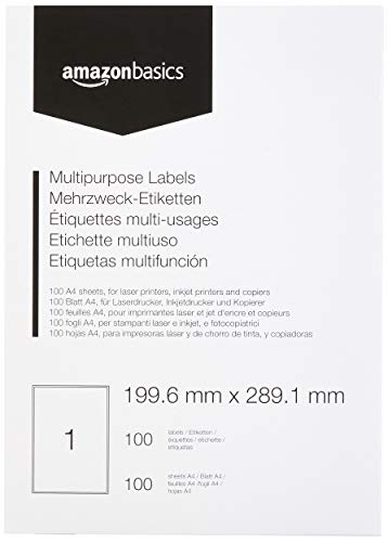 Amazon Basics Rechteckig Universal Adressetiketten, 199.6mm x 289.1mm, 100 Bögen, 1 Etikett pro Bogen, 100 Etiketten, weiß von Amazon Basics