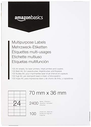 Amazon Basics Rechteckig Universal-Adressetiketten, 70.0mm x 36.0mm, 100 Bögen, 24 Etiketten pro Bogen, 2400 Stück, weiß von Amazon Basics