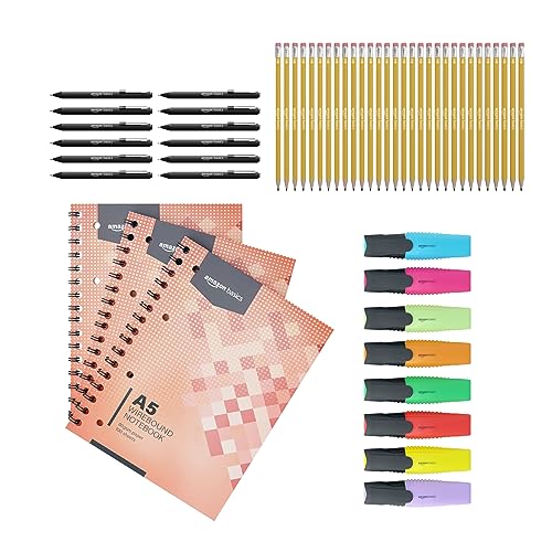 Amazon Basics – Schulstart-Set: Stifte, Bleistifte, Notizblock und Textmarker – 53 Teile, Mehrfarbig von Amazon Basics