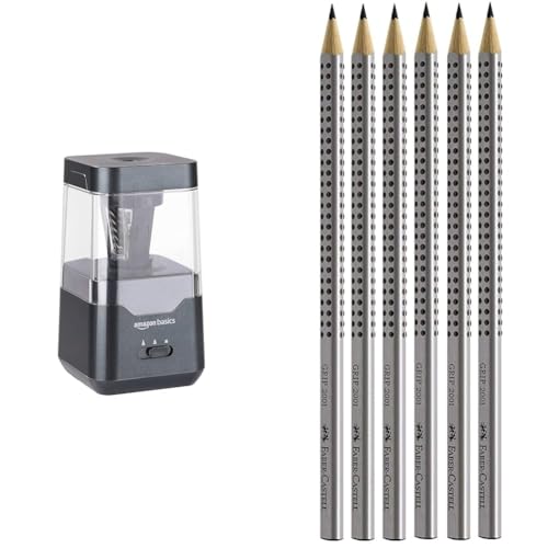 Amazon Basics Tragbarer elektrischer Bleistiftspitzer & Faber-Castell 117697-6 Bleistifte GRIP 2001, Härtegrad: HB, Schaftfarbe: silber von Amazon Basics