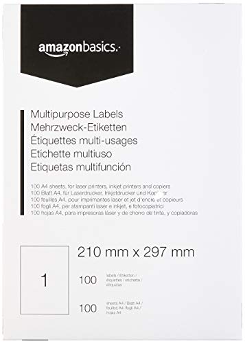 Amazon Basics - Universal-Adressetiketten, Rechteckig, 210.0mm x 297.0mm, 100 Bögen, 1 Etikett pro Bogen, 100 Etiketten, Bunt von Amazon Basics