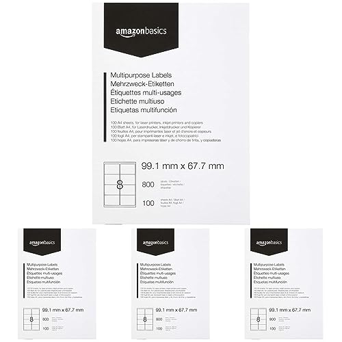 Amazon Basics Universal-Adressetiketten, Rechteckig, 100 Bögen, 8 Etiketten pro Bogen, 800 Stück, Weiß, 99.1mm x 67.7mm (Packung mit 4) von Amazon Basics