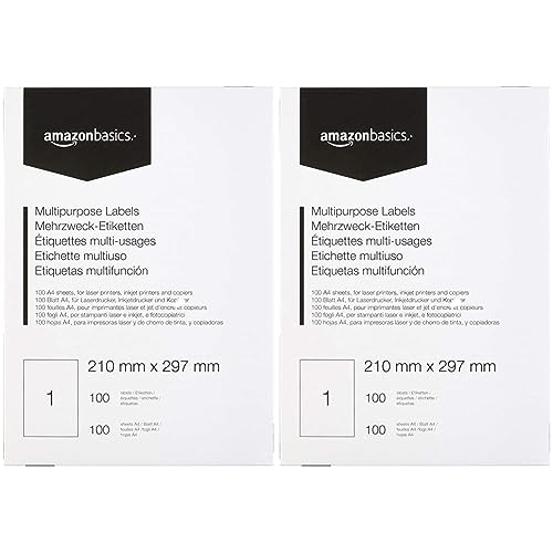 Amazon Basics - Universal-Adressetiketten, Rechteckig, 210.0mm x 297.0mm, 100 Bögen, 1 Etikett pro Bogen, 100 Etiketten, Bunt (Packung mit 2) von Amazon Basics