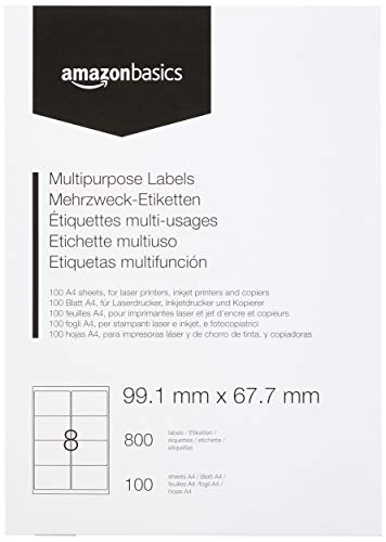 Amazon Basics Universal-Adressetiketten, Rechteckig , 100 Bögen, 8 Etiketten pro Bogen, 800 Stück, Weiß, 99.1mm x 67.7mm von Amazon Basics