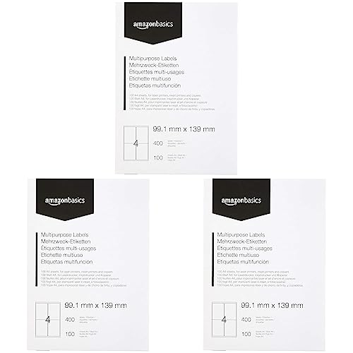 Amazon Basics - Universal-Adressetiketten Rechteckig, 99.1mm x 139 mm, 100 Bögen, 4 pro Bogen, 400 Etiketten, weiß (Packung mit 3) von Amazon Basics