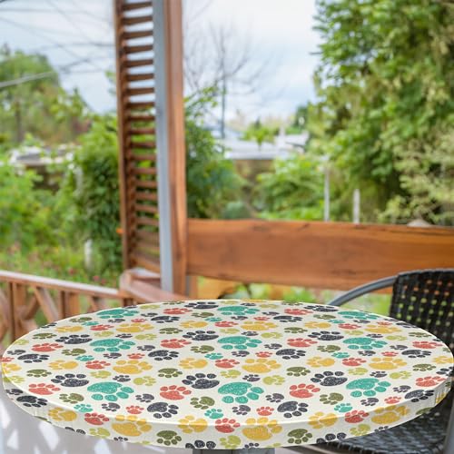 Ambesonne Runde Tischdecke für Hundeliebhaber, handgezeichnete Pfotenabdruck-Kritzeleien, kreisförmiges Muster, Zeichenstil, Tier, rundum elastischer Stoff, 91,4 cm - 101,6 cm Durchmesser, Senfgrün von Ambesonne