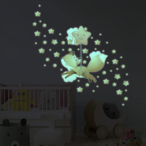 Ambiance Sticker Leuchtend – Fuchs in den Sternen – Wandaufkleber Decke Kinder fluoreszierend | H 30 x B 30 cm + 60 Sterne von Ambiance Sticker