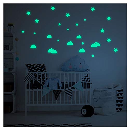 Aufkleber im Dunkeln leuchtend Wolken und Sterne – selbstklebend fluoreszierend und leuchtend bis zu 5 Stunden – Dekoration für Baby- und Kinderzimmer – Set mit 9 Wolken und 18 Sternen von Ambiance Sticker