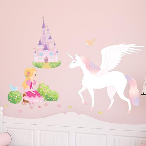 Aufkleber für Kinder | Prinzessin, Einhorn und Schloss Wandtattoo - Wanddeko fürs Kinderzimmer | 70 x 50 cm von Ambiance Sticker