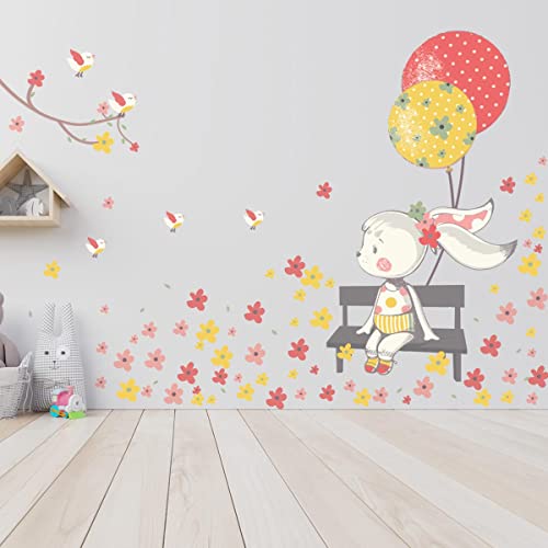 Wandsticker Kinder - Dekoration Babyzimmer - Wandtattoo Kinderzimmer - Wandaufkleber Häschen im blumigen Park - H60 x 90 cm von Ambiance Sticker