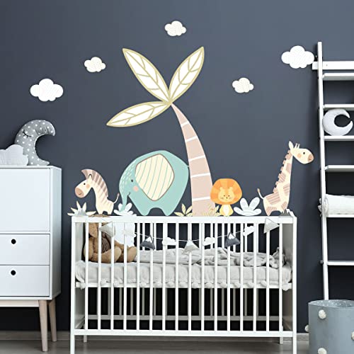 Wandsticker Kinder Dekoration Babyzimmer Wandtattoo Kinderzimmer Wandaufkleber Wandsticker Skandinavische Tiere und die magische Palme (H60 x B90 cm) von Ambiance Sticker