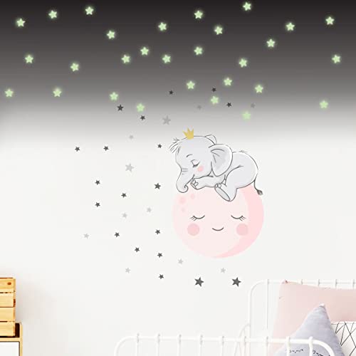 Wandsticker für Kinder, Dekoration für Babyzimmer, Wandsticker für Kinder, Motiv: Elefanten auf dem Mond, 30 Sterne (80 x 60 cm) + 100 Aufkleber leuchtende Sterne von Ambiance Sticker